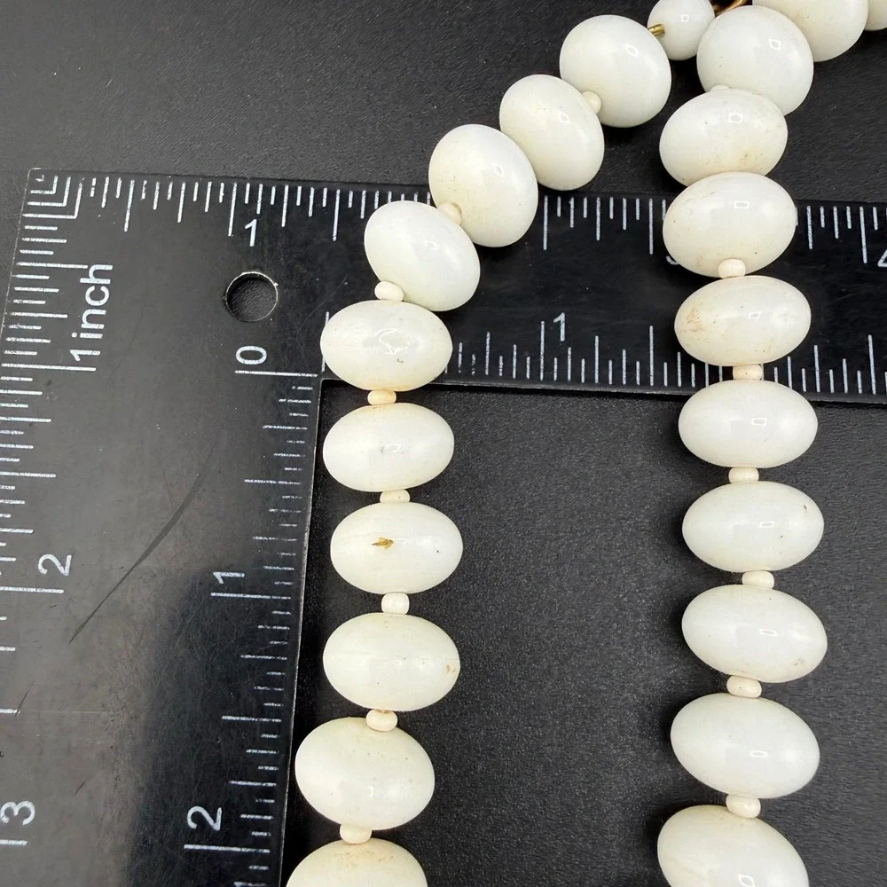 Vintage Glass Beaded Necklace Graduated Oval White Milk Strand 23 Inch